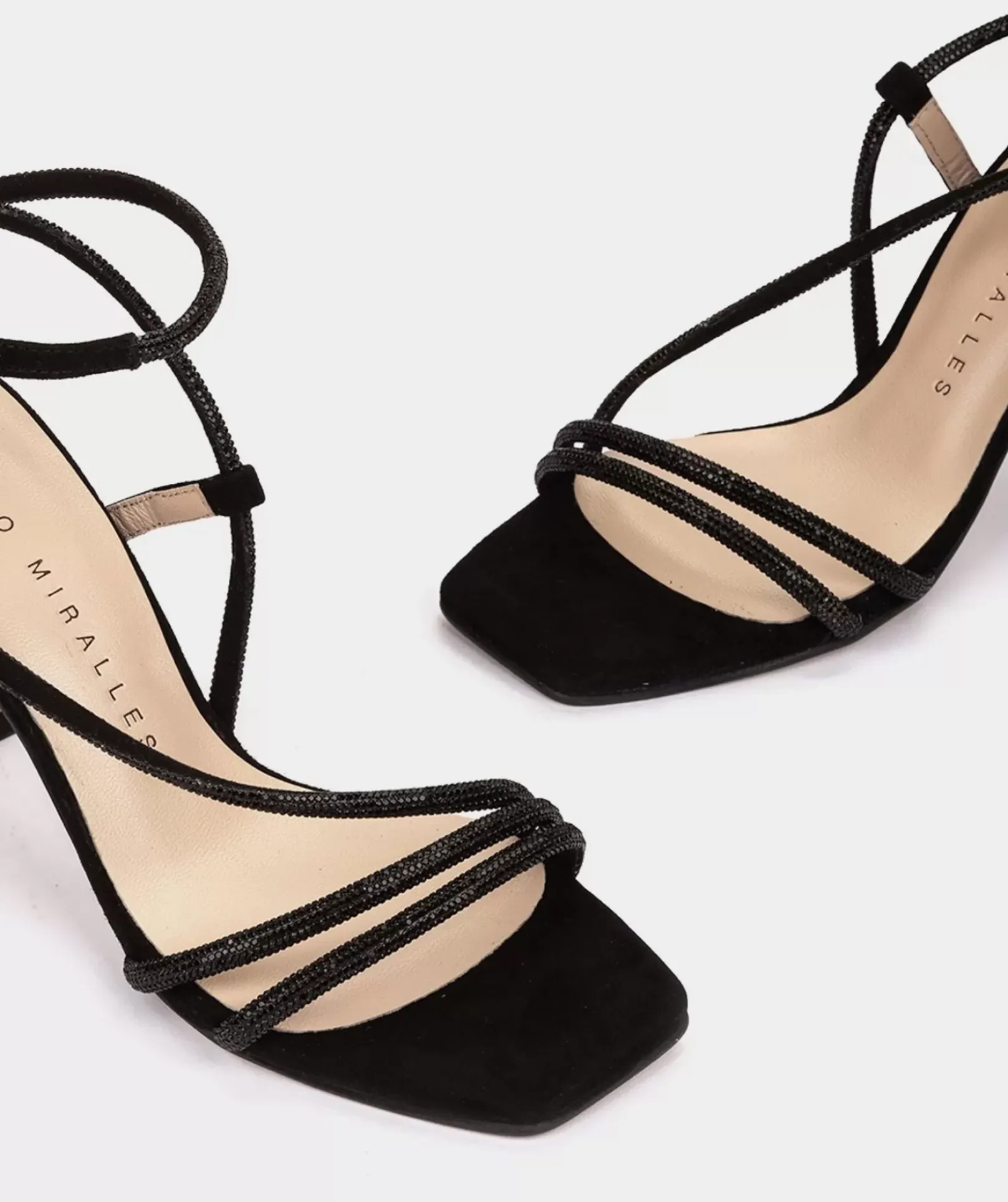 Chaussure Pedro Miralles Sandales A Talons En Cuir Noir Ornees De Cristaux Gliter Negro
